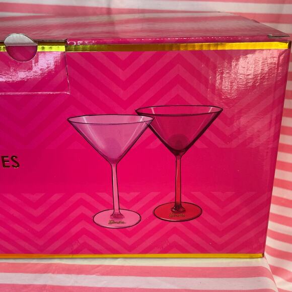 NIB Barbie x Dragon Glass pink martini glasses new in box never used HOLIDAY GIF - Picture 4 of 6